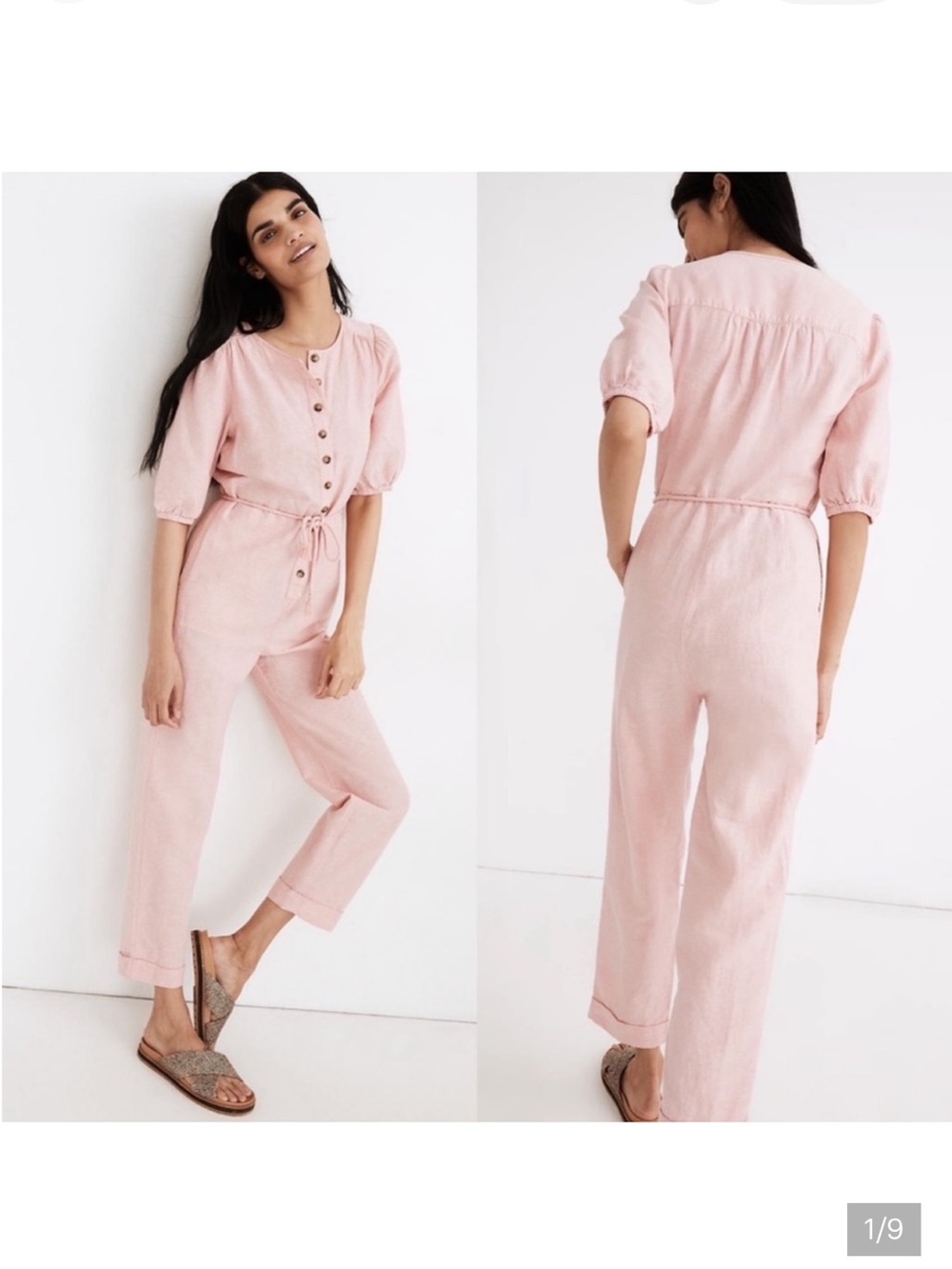 Madewell Linen-Blend Puff-Sleeve Tassel-Tie Jumpsuit Coral Sunshine M